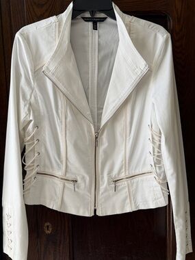 White House Black Market Ecru White Lace-Up Side Zip Moto Jacket